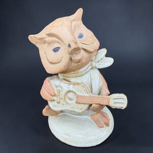 Vintage UC Japan Ceramic Owl Figurine Playing Guitar Whimsical Pottery Decor